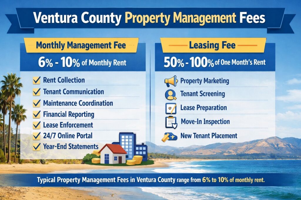 Ventura County property management cost chart showing typical monthly management fees and leasing fees